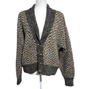 Vintage 80s LC Winters Chevron Knit Cardigan Sweater Sz L Wool Blend Preppy Cozy